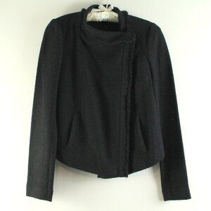 Vince Black Woven Cotton Blend Fringed Trim Asymmetrical Front Zip Jacket S
